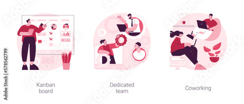 Project workflow abstract concept vector illustration set. Kanban board, dedicated team, coworking for freelancers, agile project management, scrum meeting, IT outsource abstract metaphor.