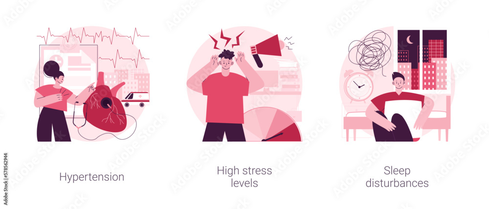 Urban health problems abstract concept vector illustration set. Hypertension, high stress levels, sleep disturbances, anxiety and depression, digital overload, insomnia treatment abstract metaphor.