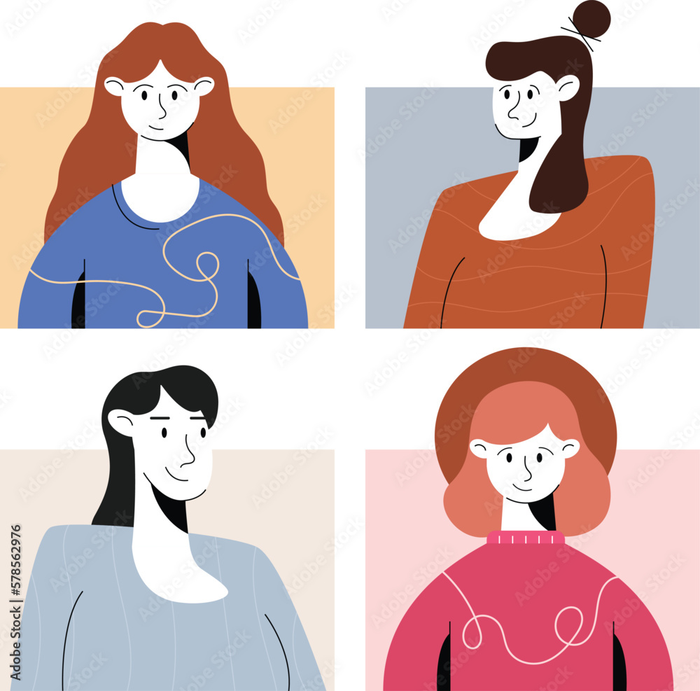 Set of female portraits of different genders and ages. Concept illustration of cute office worker or colleague woman on colorful background. Set of female portraits of different genders and ages. Concept illustration of cute office worker or colleague woman on colorful background.
