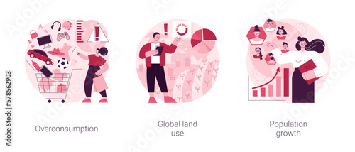 Global environmental data abstract concept vector illustration set. Overconsumption, global land use, population growth, overpopulation problem, consumer society, urbanization abstract metaphor.