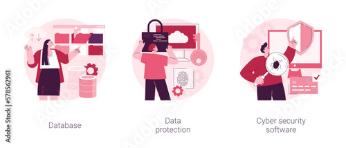 Cloud computing network safety abstract concept vector illustration set. Database data protection, cyber security software, information storage service, access policy, antivirus abstract metaphor.