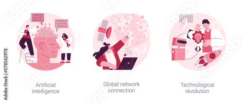 Information era abstract concept vector illustration set. Artificial intelligence, global network connection, technological revolution, cognitive computing, machine learning abstract metaphor.