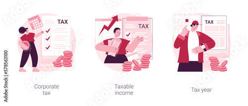Taxable earnings calculation abstract concept vector illustration set. Corporate tax, taxable income, fiscal year, annual return, document preparation, divided deduction, accountant abstract metaphor.
