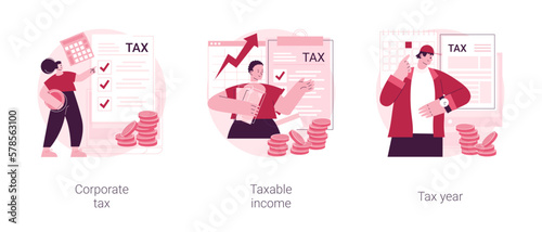 Taxable earnings calculation abstract concept vector illustration set. Corporate tax, taxable income, fiscal year, annual return, document preparation, divided deduction, accountant abstract metaphor.