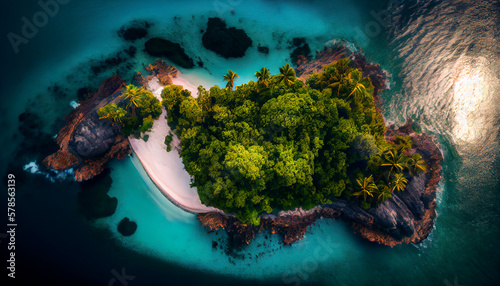Overhead view of tropical island with blue water. Generative AI, AI