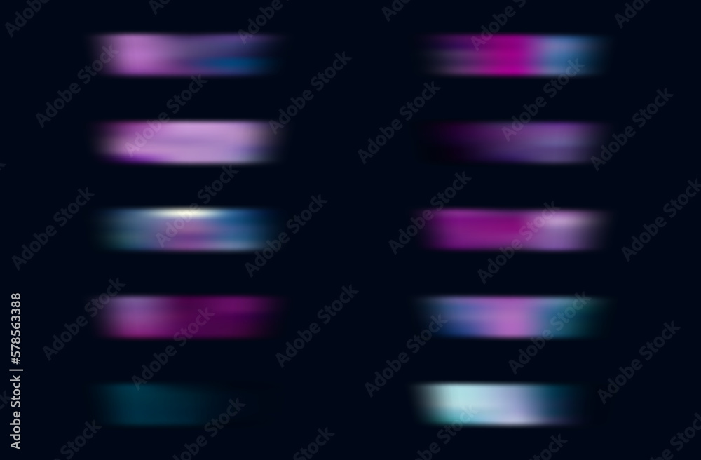 Rainbow flash, reflection of a ray of light. Magical beams, sparks of iridescent glow, bright lens flare, prism. Set of abstract hologram elements, shine, flash beam reflection. Vector illustration.
