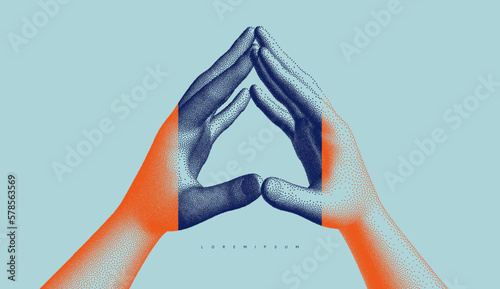 Hands with steepled fingers. Man body language for confidence and self-esteem. Symbolic for unity and harmony. 3D illustration for banner, poster, cover, brochure or presentation.