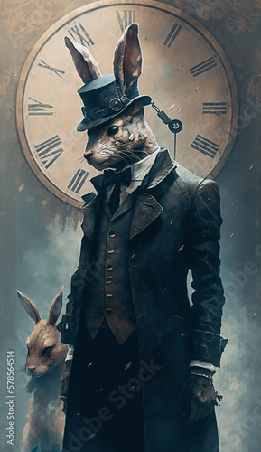 Steampunk Easter Bunny with Suit created with Generative AI Technology