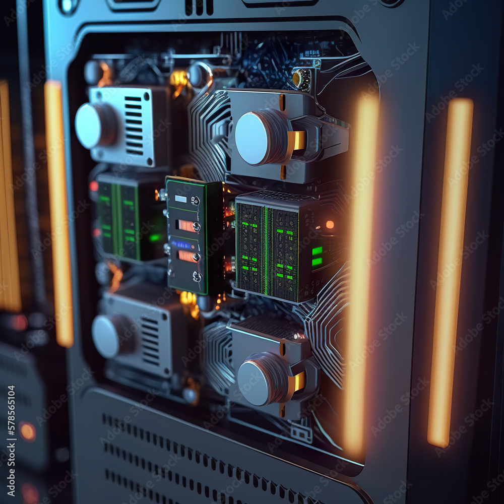 Naklejka premium Data center server equipment with flickering light indicators, close up view. 3D realistic illustration. Based on Generative AI