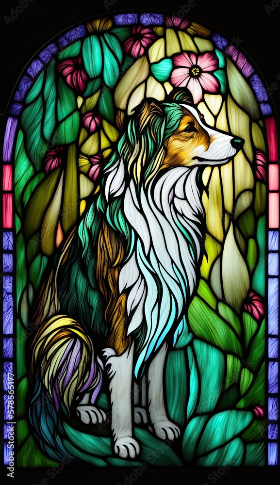 Artistic Beautiful Desginer Handcrafted Stained Glass Artwork of a Collie dog Animal in Art Nouveau Style with Vibrant and Bright Colors, Illuminated from Behind (generative AI)