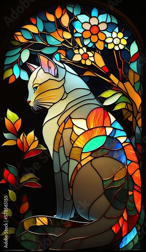 Artistic Beautiful Desginer Handcrafted Stained Glass Artwork of a Chinese Li Hua cat Animal in Art Nouveau Style with Vibrant and Bright Colors  Illuminated from Behind  generative AI 