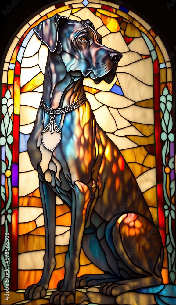 Artistic Beautiful Desginer Handcrafted Stained Glass Artwork of a Great Dane dog Animal in Art Nouveau Style with Vibrant and Bright Colors, Illuminated from Behind (generative AI)