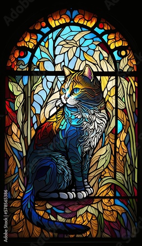 Artistic Beautiful Desginer Handcrafted Stained Glass Artwork of a Manx cat Animal in Art Nouveau Style with Vibrant and Bright Colors, Illuminated from Behind (generative AI)