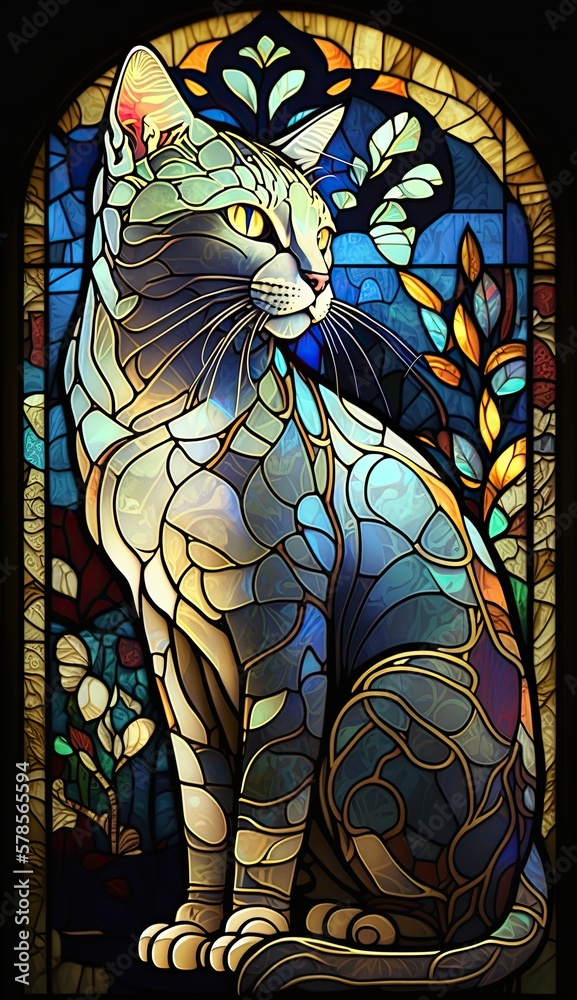 Obraz premium Artistic Beautiful Desginer Handcrafted Stained Glass Artwork of a Singapura cat Animal in Art Nouveau Style with Vibrant and Bright Colors, Illuminated from Behind (generative AI)