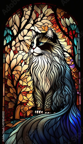 Artistic Beautiful Desginer Handcrafted Stained Glass Artwork of a Ragdoll cat Animal in Art Nouveau Style with Vibrant and Bright Colors, Illuminated from Behind (generative AI)