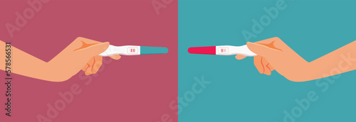 Hands Holding Negative and Positive Pregnancy Tests Vector Medical Illustration. Woman taking two pregnancy tests with different results 
