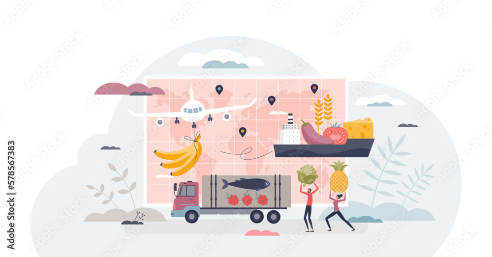 Food miles as distance from grocery making to consumer tiny person concept, transparent background. Worldwide fruits, meat and vegetables shipping service with plane, ship. Food miles as distance from grocery making to consumer tiny person concept, transparent background. Worldwide fruits, meat and vegetables shipping service with plane, ship.