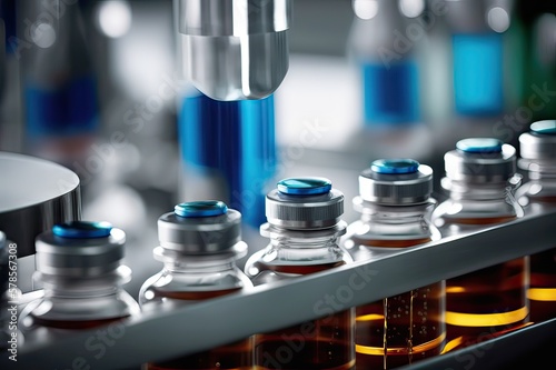 Automatic liquid dispenser tray for glass bottle production, filling line for antibiotics, antivirals and vaccines. Photo generative AI photo