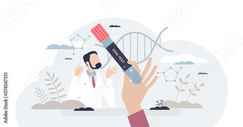 DNA test and gene helix code sample result research tiny person concept, transparent background. Scientific laboratory measurement for fatherhood control or health analysis illustration.