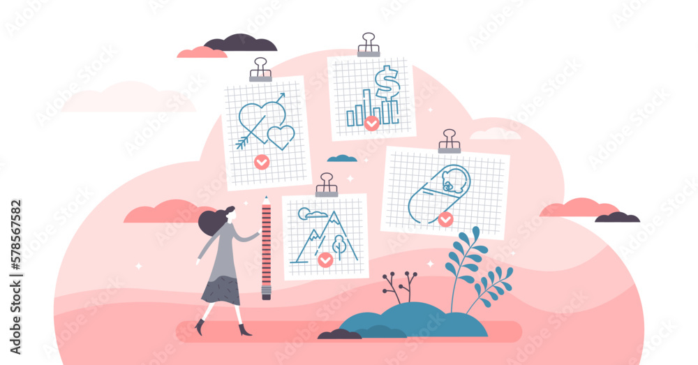 Task done female illustration, transparent background. Abstract woman lifetime project goals in flat tiny persons concept. Checklist schedule with love relationship. - obrazy, fototapety, plakaty 