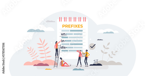 Prefixes learning as english language theory topic tiny person concept, transparent background. Topic for communication basic in school with affix explanation and examples illustration.