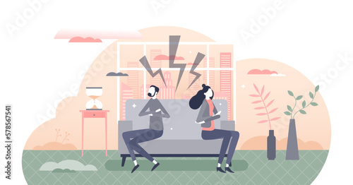 Relationship disagreements and silence after couple conflict tiny person concept, transparent background. Family scandal problems with aggressive discussion and different opinions illustration.