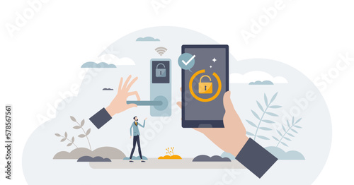 Smart door lock with digital smartphone key access tiny person concept, transparent background. Lock or unlock house with distant application as automatic entrance control illustration.