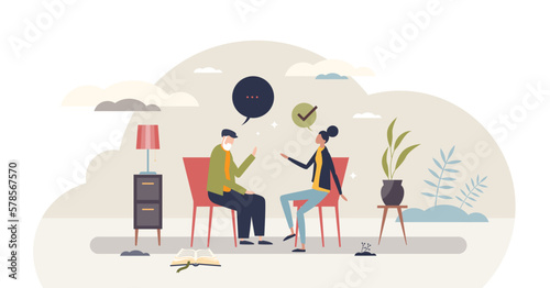 Social worker talking with old man in retirement tiny person concept, transparent background. Mental assistance with communication and support illustration.