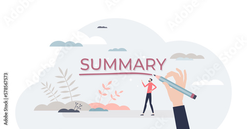 Summary as compact text essence and final conclusion tiny person concept, transparent background.Headline text for overview slide head illustration.