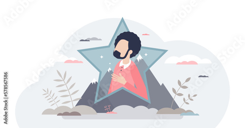 Top talent or best professional skills employee with star tiny person concept, transparent background. Unique and successful business staff performance with peak productivity illustration.