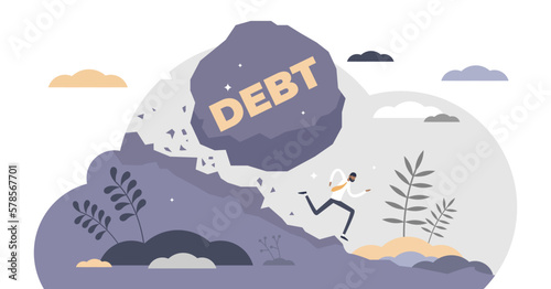 Debt bills payment problems as symbolic falling rock flat tiny persons concept, transparent background.Businessman running away from financial loan.