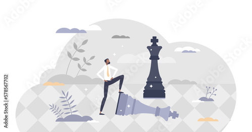 Defeat competitors in business as winning chess game tiny person concept, transparent background. Company strategy success using powerful move for advantage illustration.