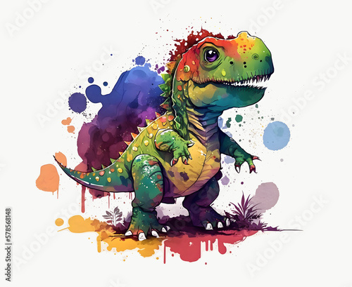 Colorful T Rex dinosaur cartoon with rainbow ink splashes created with Generative AI technology © Laughing Cat
