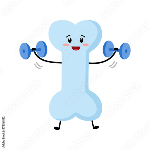 Cute healthy bone cartoon character with dumbbells in flat design on white background.