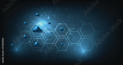 Cloud computing concept.Cloud storage with data protected exchange Cloud computing, big data center, on dark blue background.Cloud Technology illustration concept.	