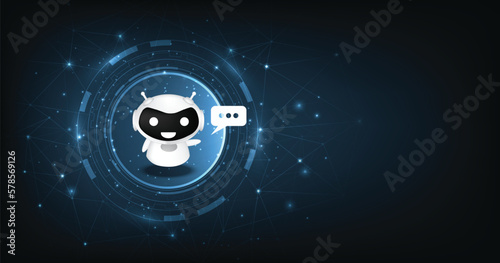 Concept of a chatbot. cartoon cute white robot on a dark blue background. robot assistant online consultant. 3d illustration on dark blue background.	