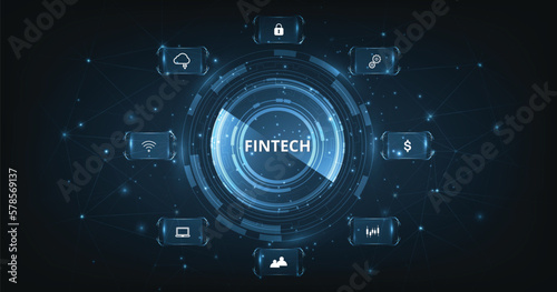 Concept of Financial technology,banking and money transaction.Icon Fintech and things on dark blue technology background. 