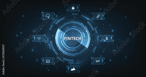 Concept of Financial technology,banking and money transaction.Icon Fintech and things on dark blue technology background.	