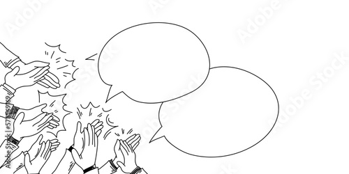 Doodle hands clapping ovation with speech bubble. applause, hands up, hands gesture. isolated on white background. vector illustration