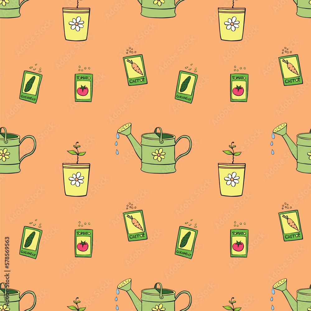 Vector seamless pattern with watering cans, bags with seeds vegetables, pots with plant sprout, seedlings. Bright texture in doodle flat style on topic of gardening, farming, agriculture
