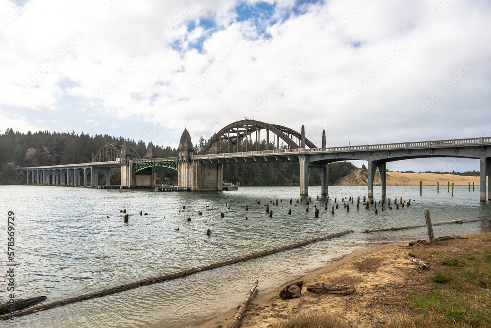 Beautiful historic Siuslaw river bridge in Florence, Oregon, in day time
