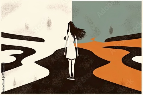 A woman standing in the middle of a crossroads her expression conveying ambivalence between two paths. Art painting.. AI generation.