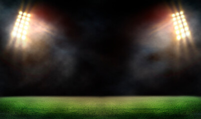 Green soccer field, bright spotlights,	