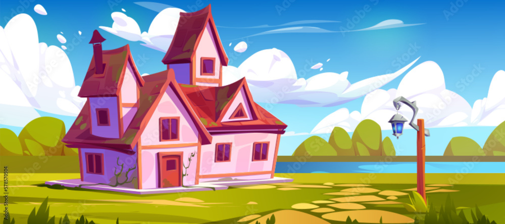 Pink rural house on forest glade near lake. Vector cartoon illustration of country cottage building surrounded by bushes, green grass, blue river, stone footpath, old lantern. Game background