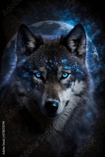 Portrait of a Wolf with Glowing Blue Eyes with a Full Moon in the Background Generative AI