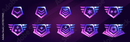 Set of military game rank badges isolated on background. Vector cartoon illustration of shiny metal pentagonal insignia medals with stars, chevrons, wings. Gui progress symbol. Award for achievement
