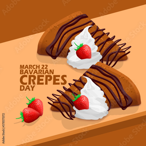 A very tasty and sweet food called Bavarian Crepes with cream and strawberries served on a wooden plate with bold text on light brown background to celebrate Bavarian Crepes Day on March 22