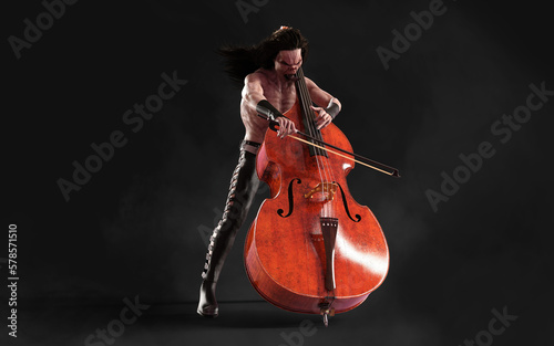 3d Illustration Devil pose and plays a double bass surrounded on dark background with clipping path. Death Rock Musician. Symphony rock party and Halloween Project. 