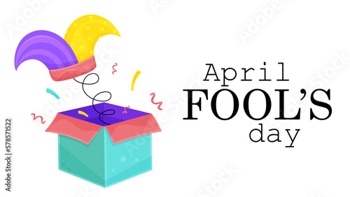 bright vector illustration card of a surprise box, april fools day, clown hat