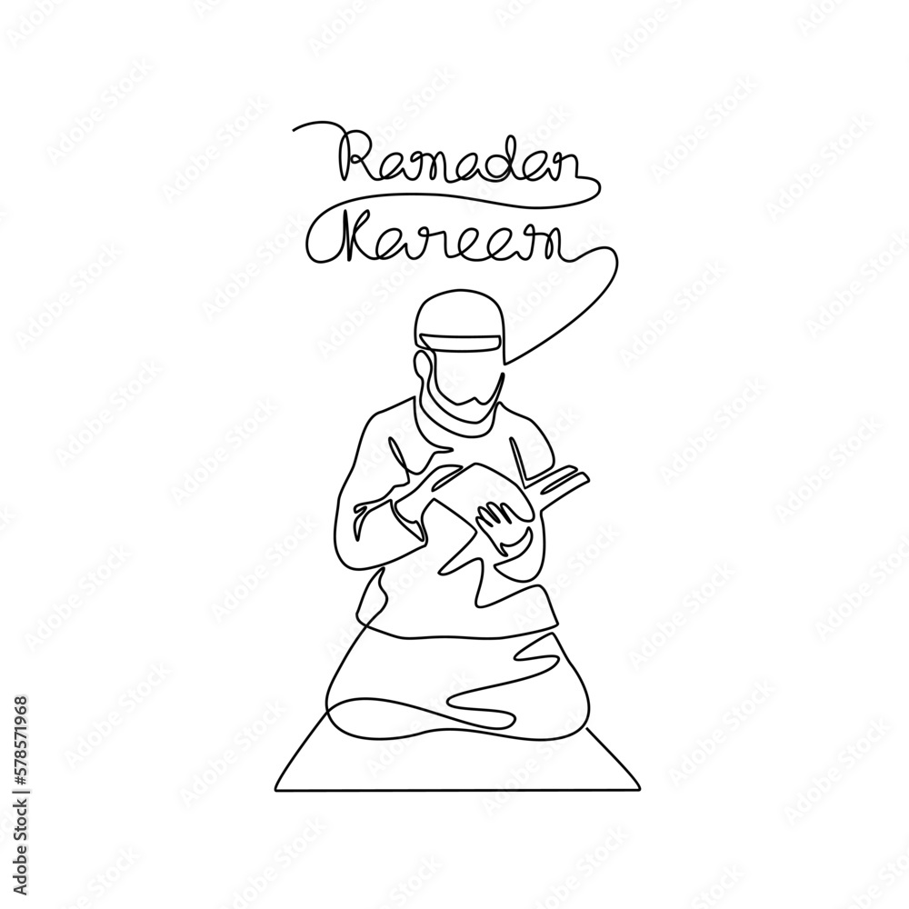 A moslem man read the Quran in the mosque during ramadhan time in continuous line art drawing style. design with Minimalist black linear design isolated on white background. Vector illustration A moslem man read the Quran in the mosque during ramadhan time in continuous line art drawing style. design with Minimalist black linear design isolated on white background. Vector illustration